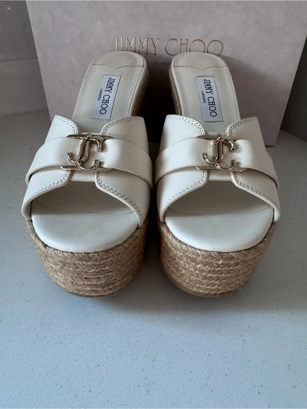 Jimmy Choo Leda Cream Leather Espadrille Wedge Sandals NIB